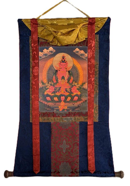 Hand-Painted Amitayus (Aparmita) Thangka | Oil Varnished Tibetan Longevity Buddha Art | Silk Brocade Framed