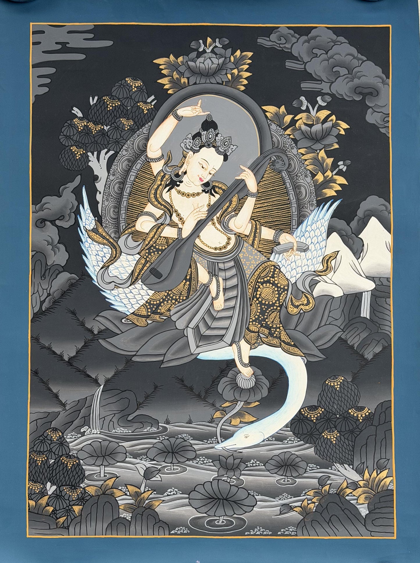 Hand-Painted Saraswati Newari Thangka Painting | Hindu Goddess of Wisdom Art