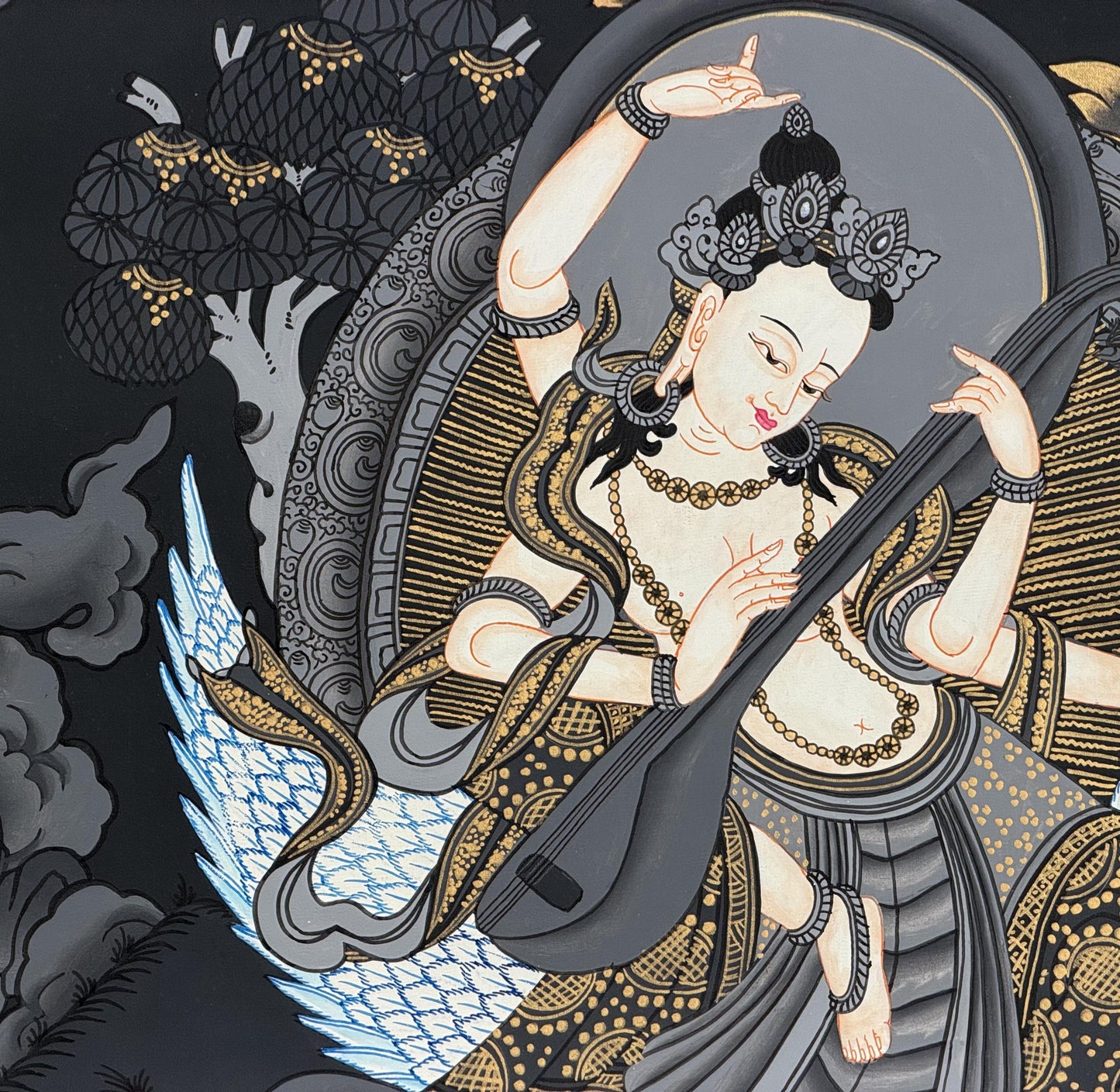Hand-Painted Saraswati Newari Thangka Painting | Hindu Goddess of Wisdom Art