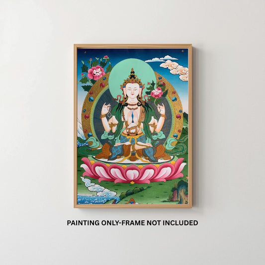 Hand-Painted Four-Armed Avalokiteshvara Thangka | Chenrezig Tibetan Buddhist Art | Masterpiece from Nepal