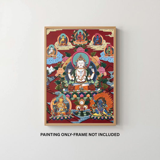 Pancha Buddha Thangka with Chenrezig in Center | Five Dhyani Buddhas Tibetan Hand-Painted Sacred Art
