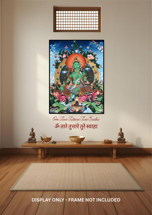 Green Tara Tibetan Thangka Painting: 24k Gold Buddhist Art