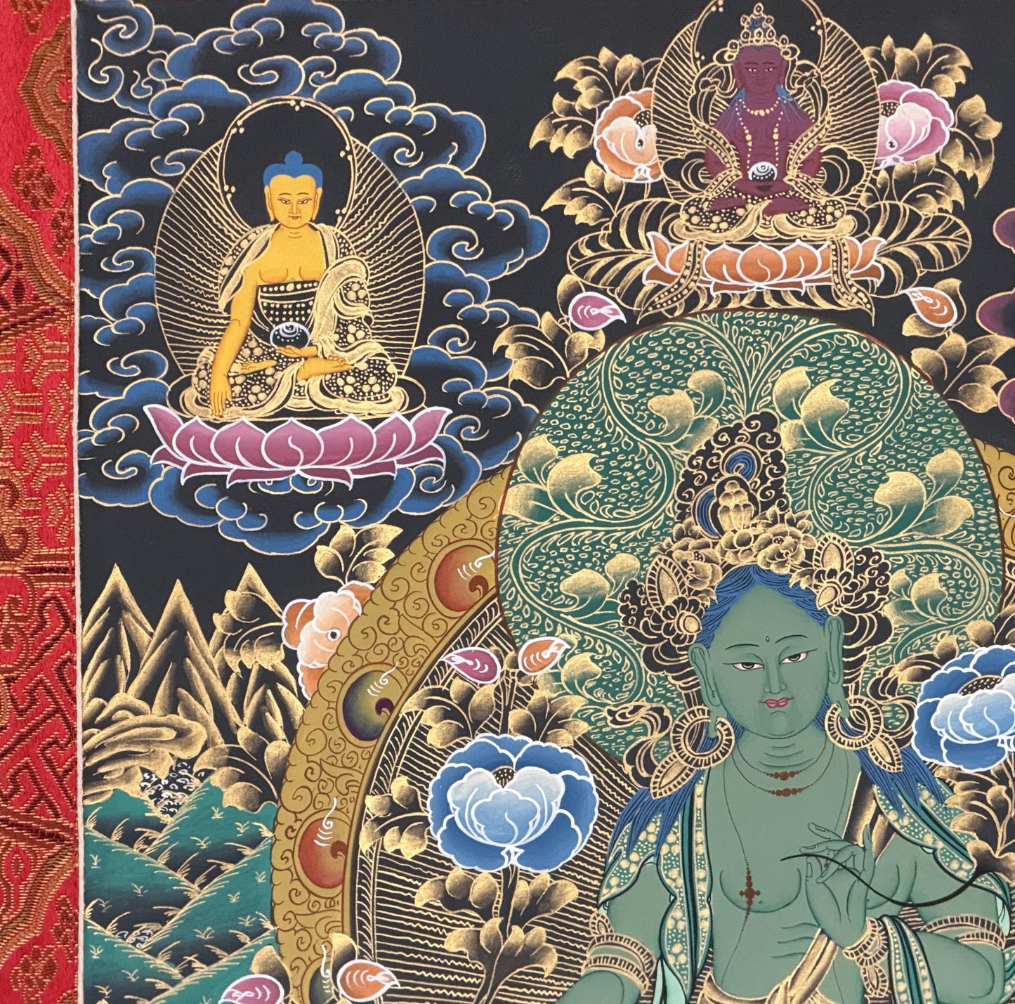 Hand-Painted Green Tara Thangka with Silk Brocade | Tibetan Goddess of Prosperity & Protection