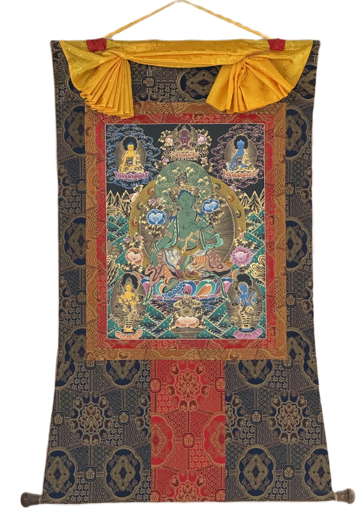 Hand-Painted Green Tara Thangka with Silk Brocade | Tibetan Goddess of Prosperity & Protection