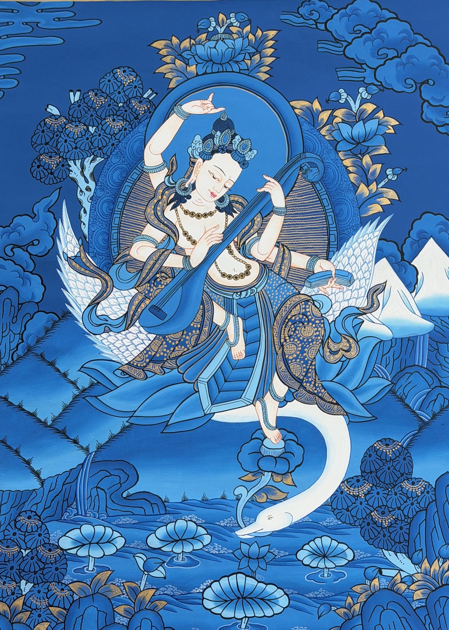 Hand-Painted Saraswati Thangka | Hindu Goddess of Learning & Music | Masterpiece Newari Style Art