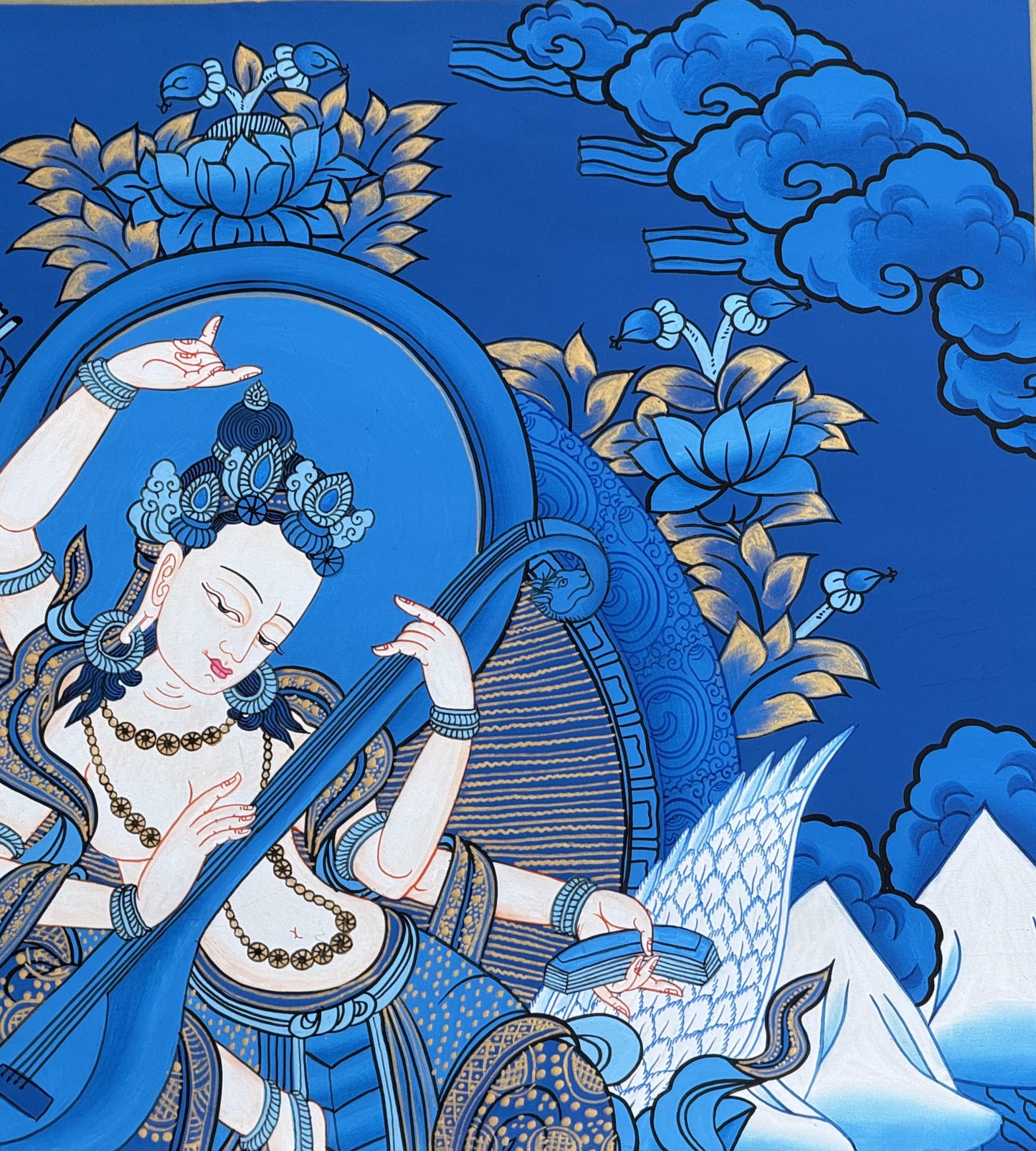 Hand-Painted Saraswati Thangka | Hindu Goddess of Learning & Music | Masterpiece Newari Style Art