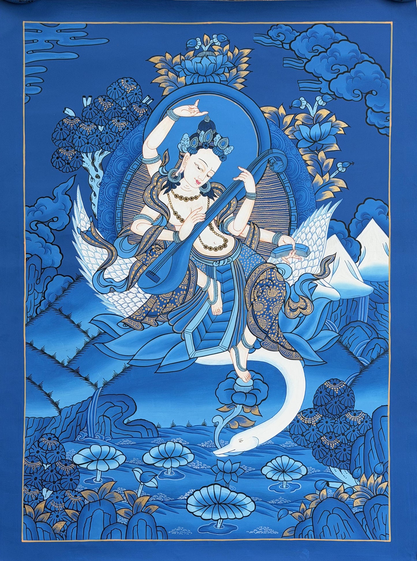 Hand-Painted Saraswati Thangka | Hindu Goddess of Learning & Music | Masterpiece Newari Style Art