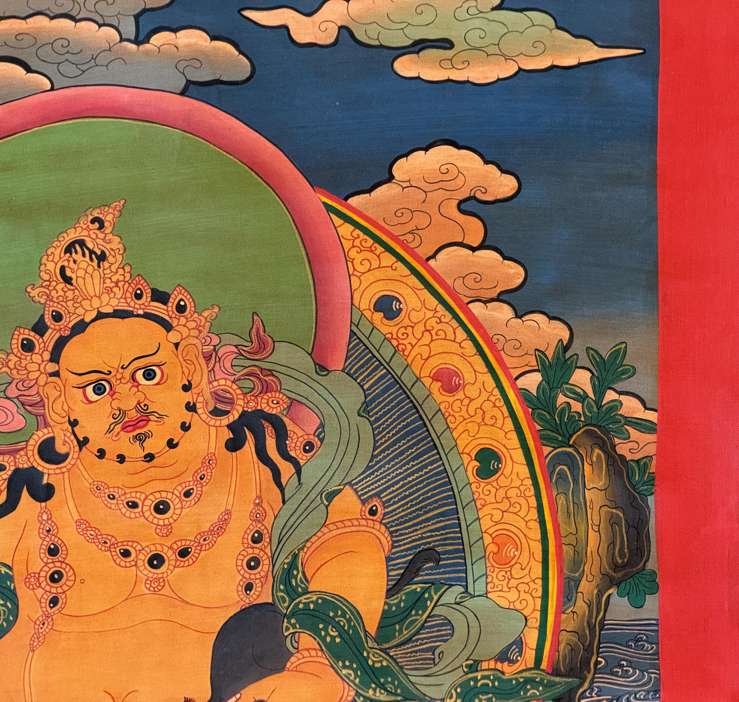 Hand-Painted Kubera Thangka – Yellow Dzambhala God of Wealth, Tibetan Buddhist Art, Oil-Varnished Thangka Painting