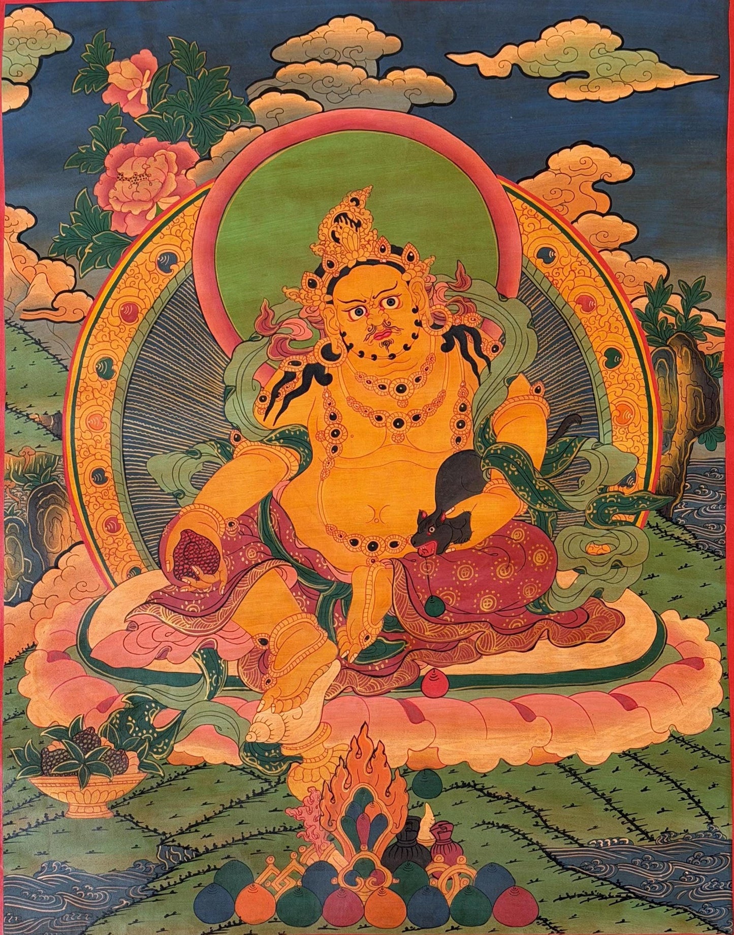 Hand-Painted Kubera Thangka – Yellow Dzambhala God of Wealth, Tibetan Buddhist Art, Oil-Varnished Thangka Painting