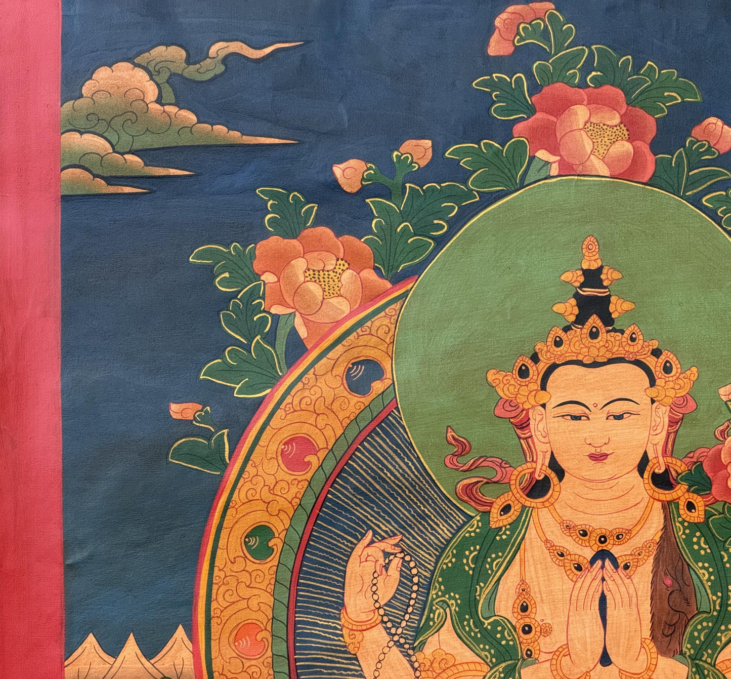 Hand-Painted Tibetan Thangka – Four-Armed Chenrezig (Avalokiteshvara) | Silk Brocade, Oil Varnished