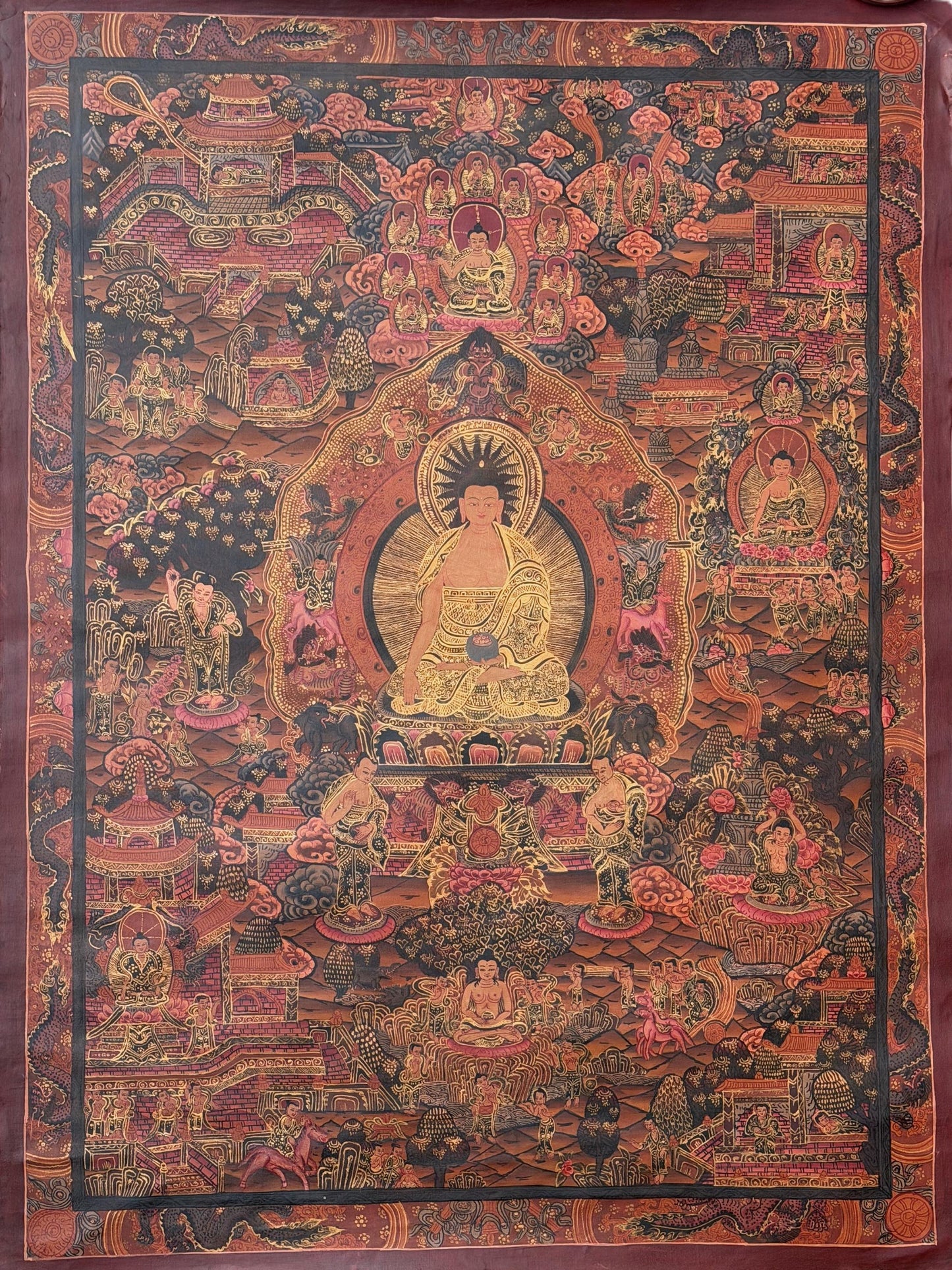 Buddha Life Story Mandala Thangka | Hand-Painted Oil Varnished Tibetan Wheel of Life Art