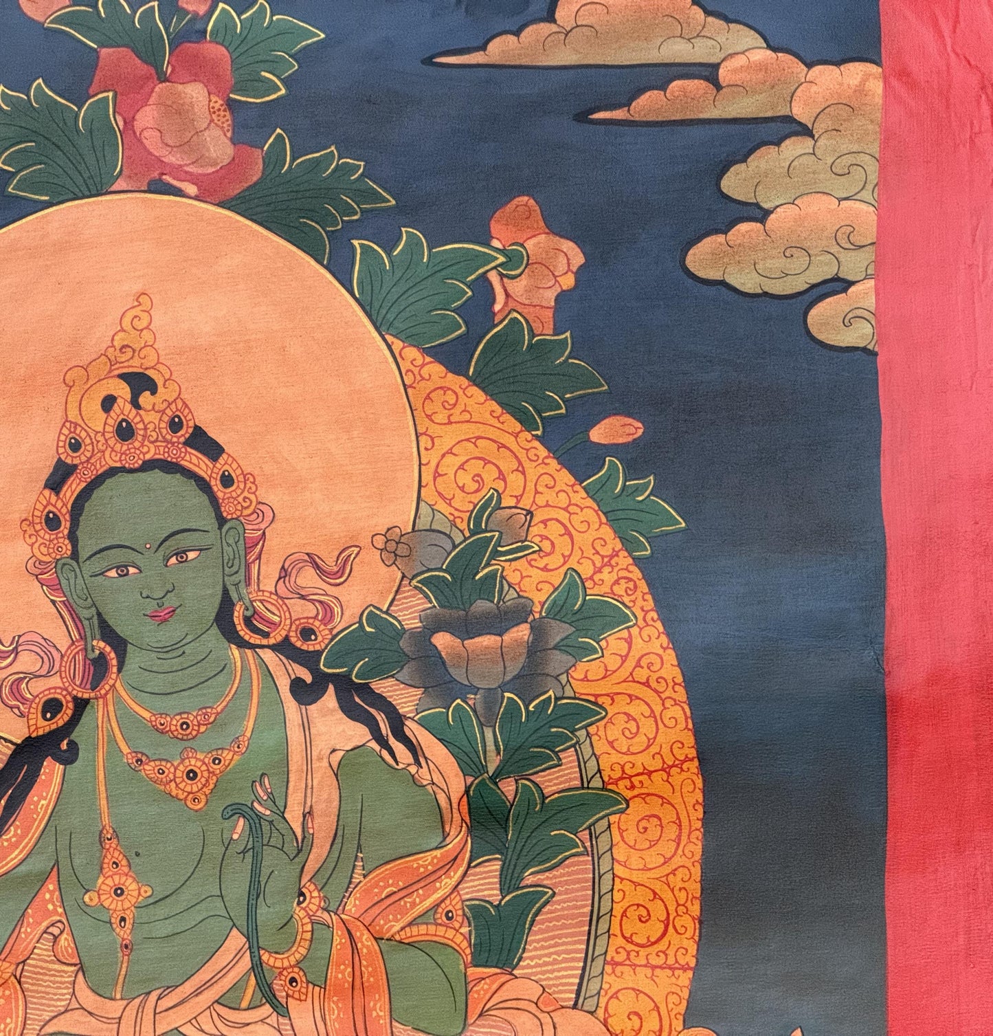 Hand-Painted Green Tara Thangka – Tibetan Goddess Art,  Oil Varnished Painting