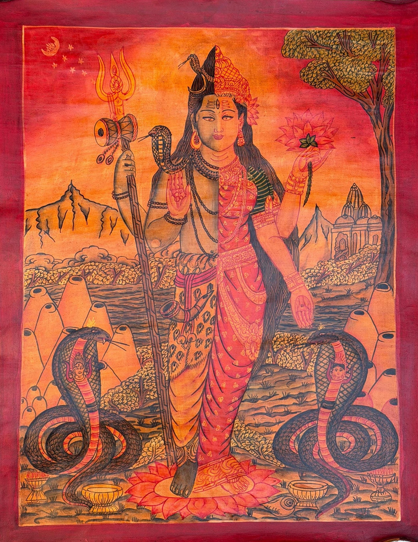 Ardhanarishvara Shiva Shakti Thangka | Newari Paubha Style | Oil Varnished Sacred Art | Spiritual Wall Decor
