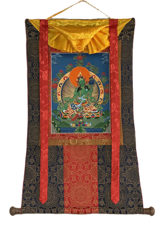 Hand-Painted Green Tara Tibetan Thangka Painting with Silk Brocade