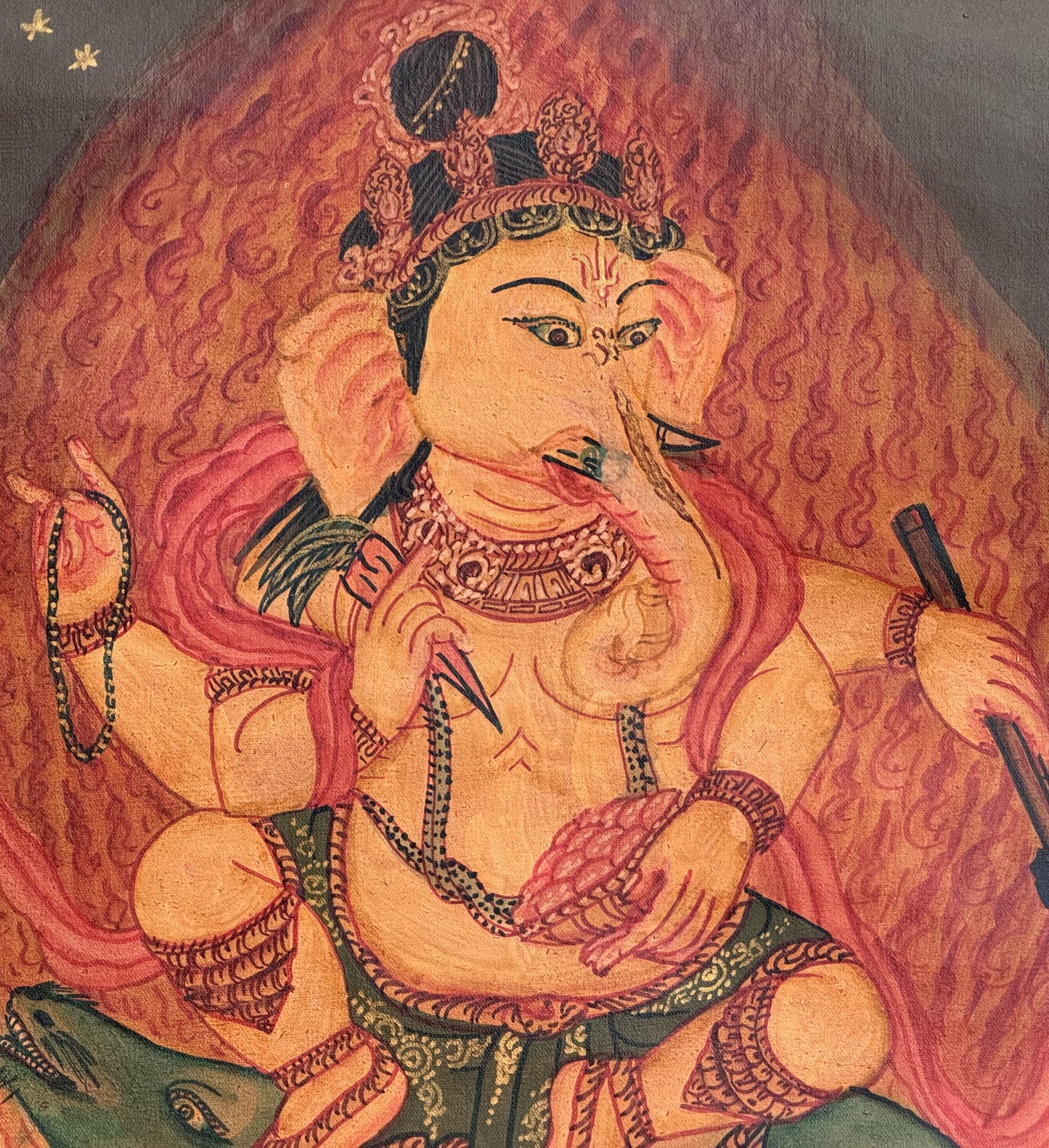 Hand-Painted Ganesha Newari Thangka | Ganapati Masterpiece with Silk Brocade | Oil Varnished  Art