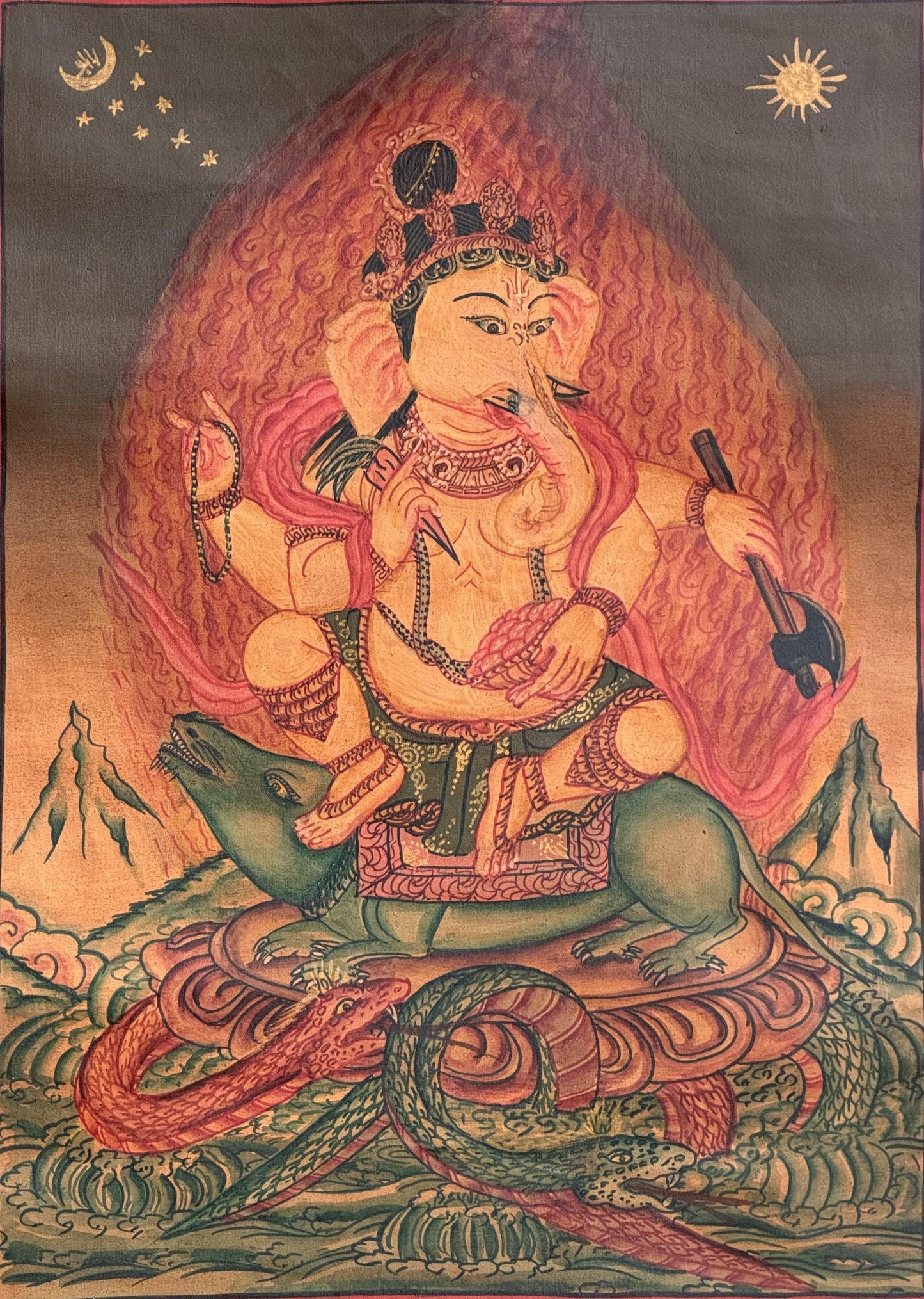 Hand-Painted Ganesha Newari Thangka | Ganapati Masterpiece with Silk Brocade | Oil Varnished  Art