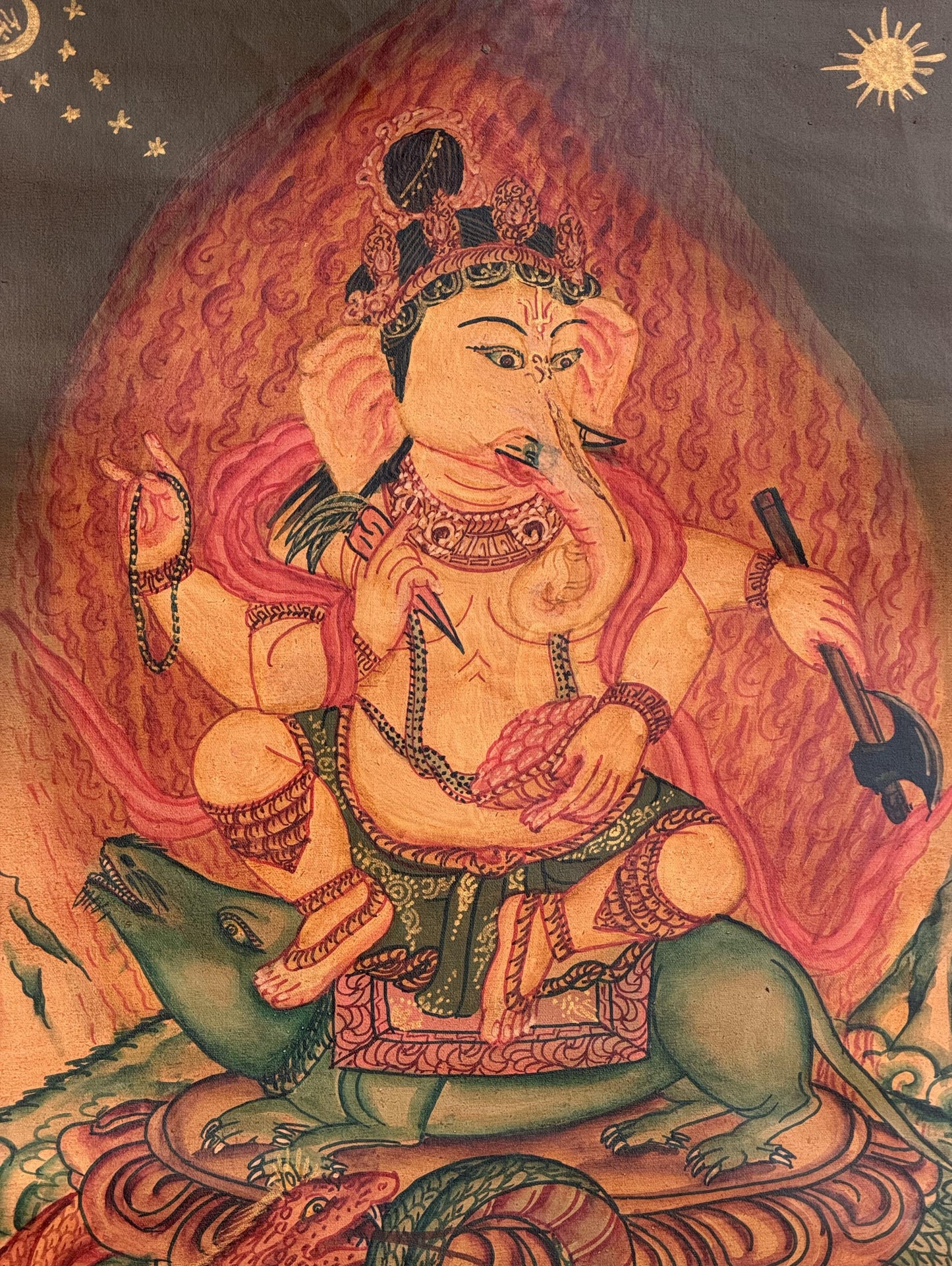 Hand-Painted Ganesha Newari Thangka | Ganapati Masterpiece with Silk Brocade | Oil Varnished  Art