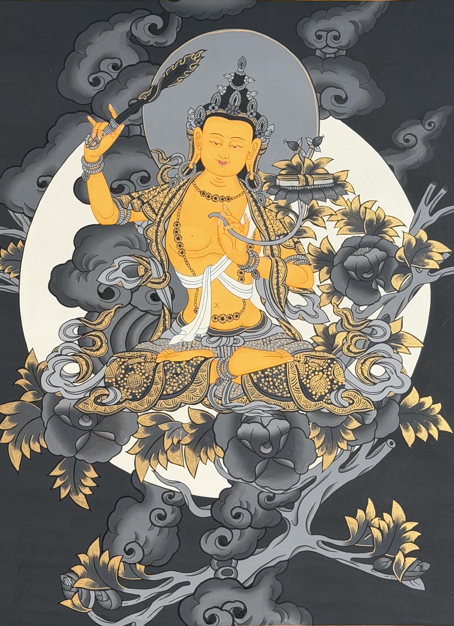 Black & Gold Manjushri Tibetan Thangka | Wisdom Buddha Hand-Painted Art