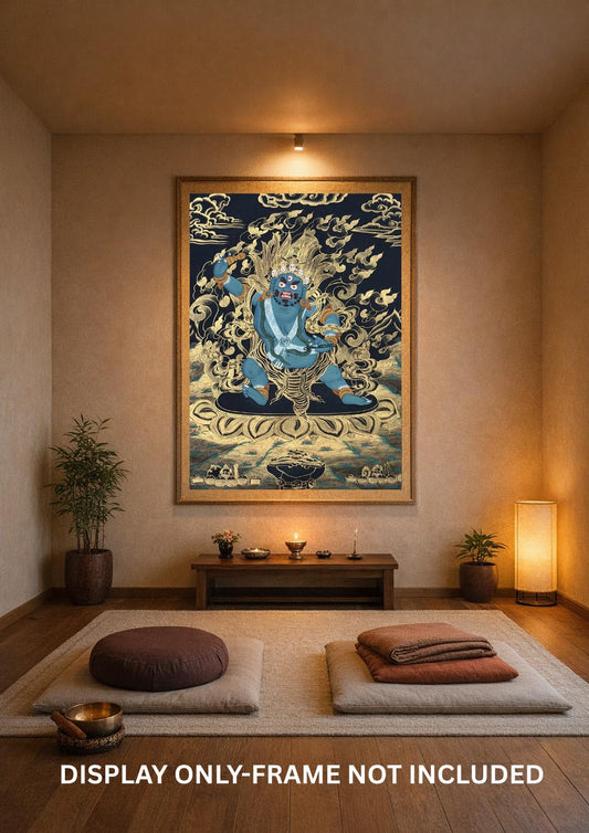 Hand-Painted Black and Gold Vajrapani Thangka Painting - Wrathful Tibetan Protector Bodhisattva Art