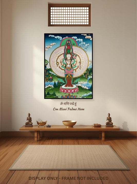 Hand-Painted Thousand-Armed Avalokiteshvara Thangka with Silk Brocade (Option)