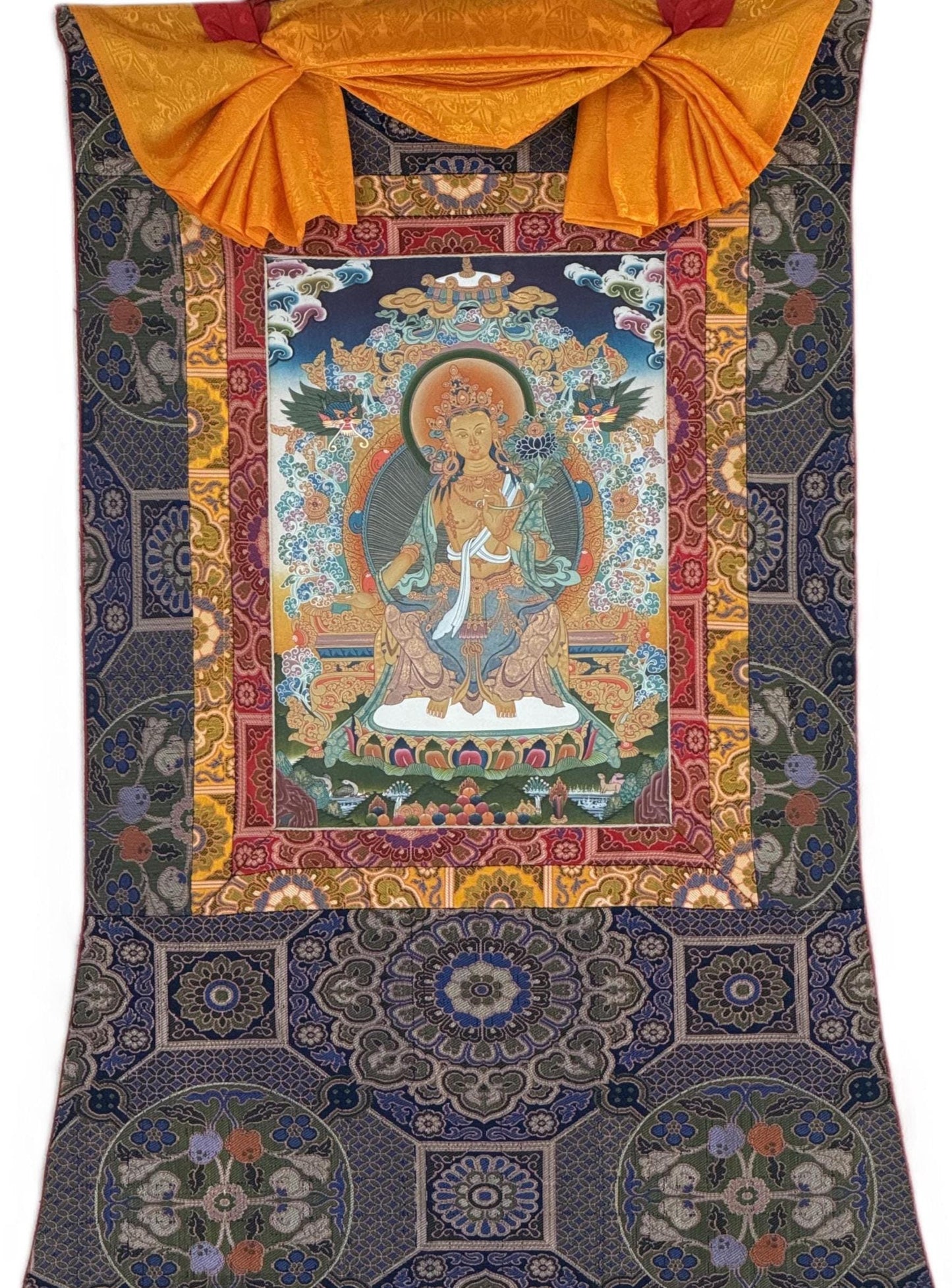Hand-Painted Maitreya Buddha Thangka with 24K Gold |  Blessed  Tibetan Art | Silk Brocade Masterpiece