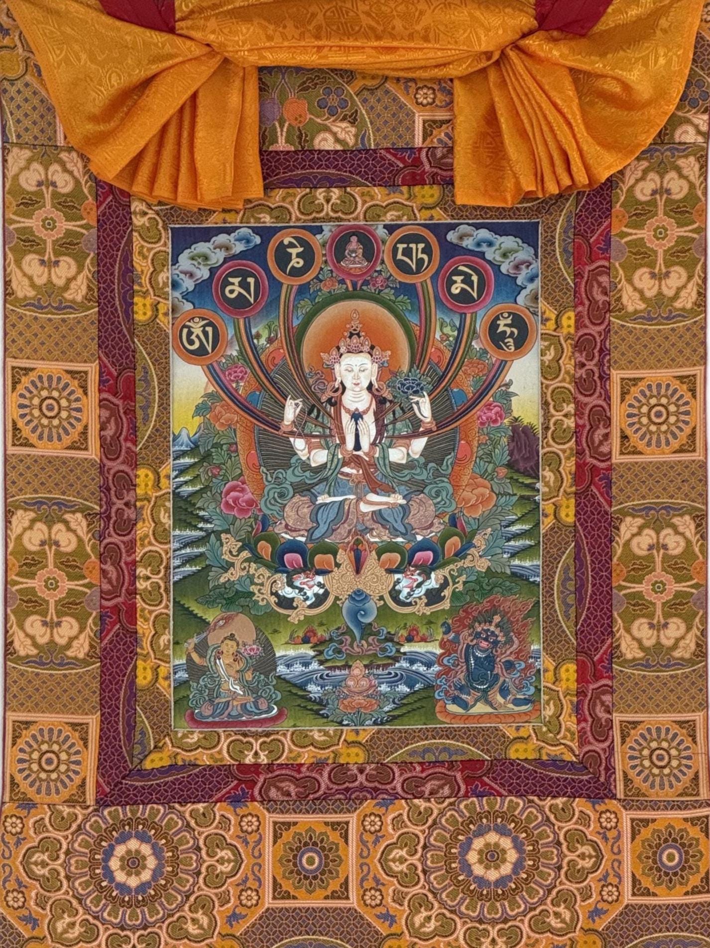Hand-Painted Chenrezig Avalokiteshvara Thangka | 24K Gold Tibetan Art | Chandan Khadi Silk Brocade
