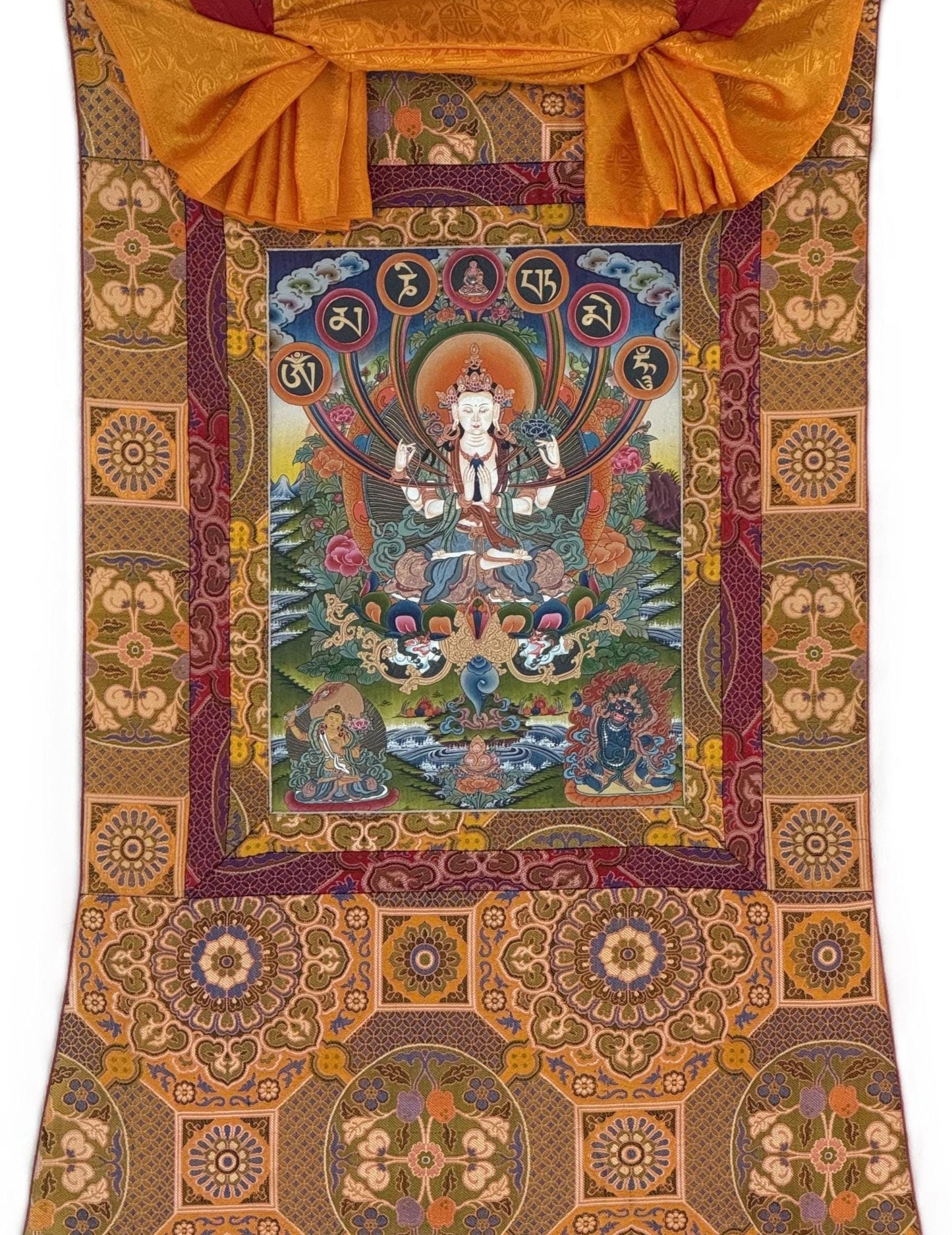 Hand-Painted Chenrezig Avalokiteshvara Thangka | 24K Gold Tibetan Art | Chandan Khadi Silk Brocade