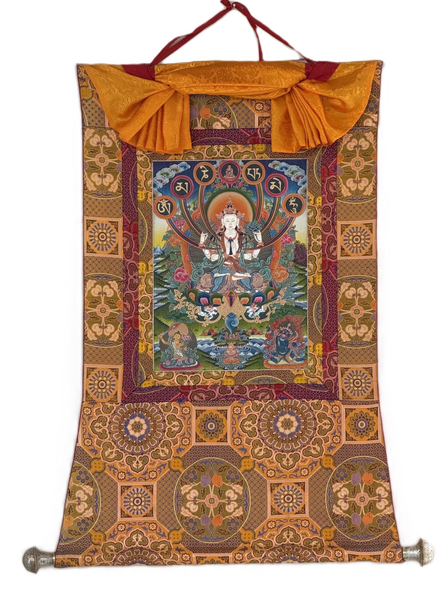 Hand-Painted Chenrezig Avalokiteshvara Thangka | 24K Gold Tibetan Art | Chandan Khadi Silk Brocade