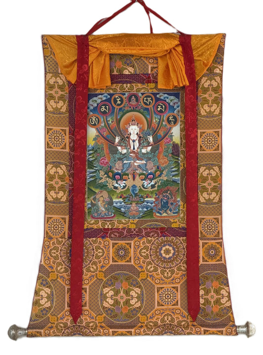 Hand-Painted Chenrezig Avalokiteshvara Thangka | 24K Gold Tibetan Art | Chandan Khadi Silk Brocade