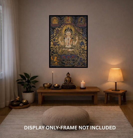 Original Hand-Painted Avalokiteshvara Thangka | Chenrezig Bodhisattva of Compassion | Tibetan Buddhist Art