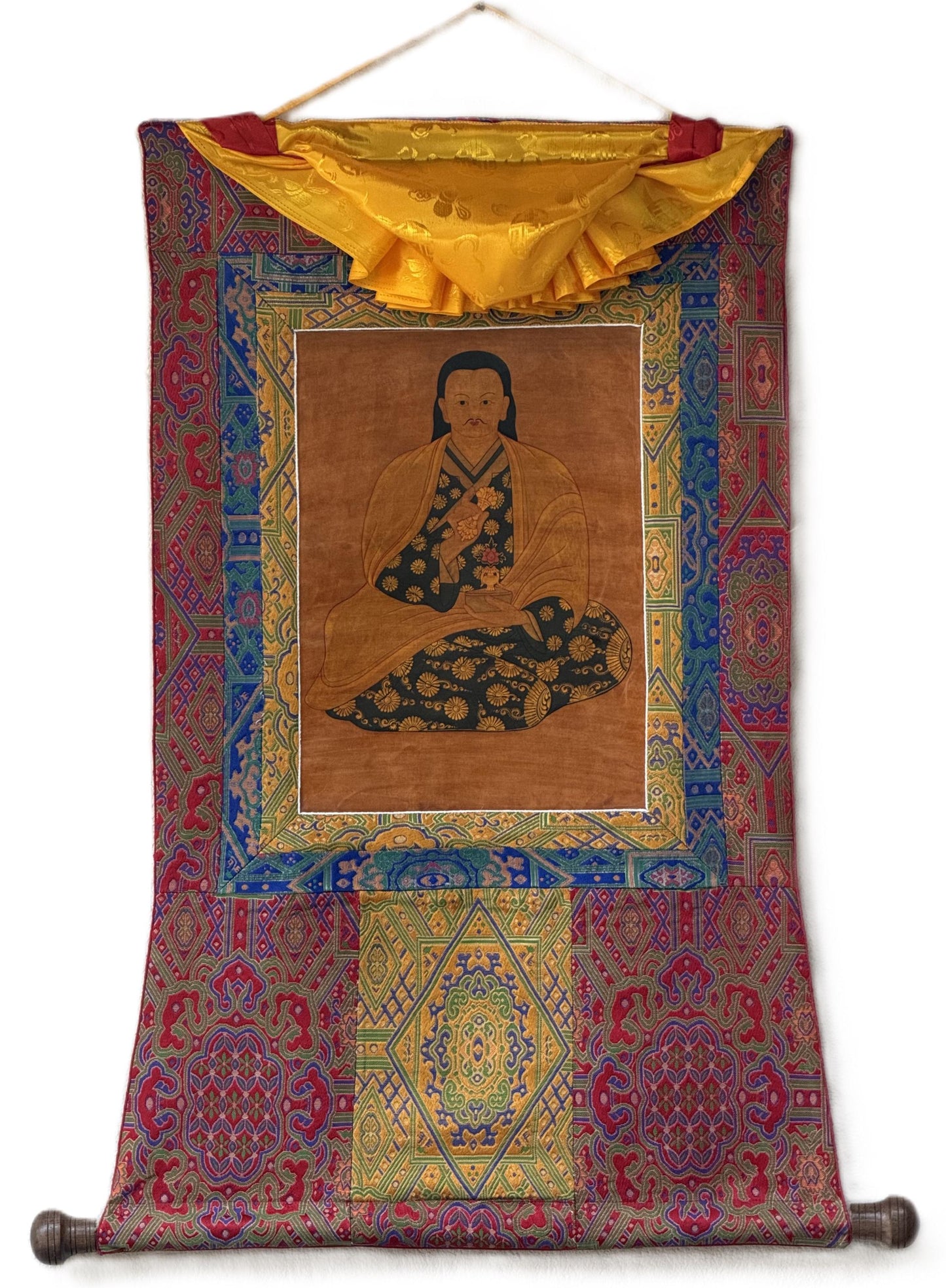 Hand-Painted Mahaguruji Mei Ling Tibetan Thangka Paintinng with Silk Brocade