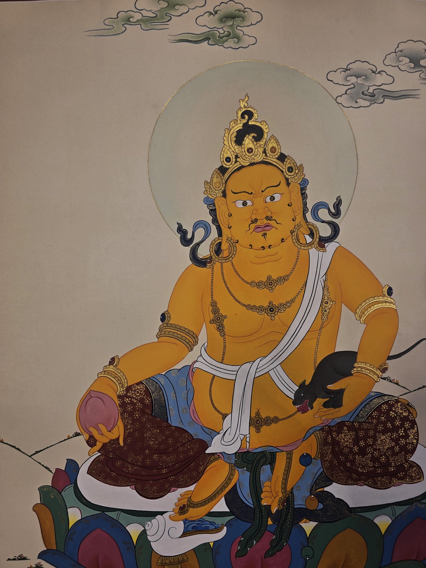 Hand Painted Kubera Jambhala Thangka, God of Wealth, Karma Gadri Style Tibetan Art
