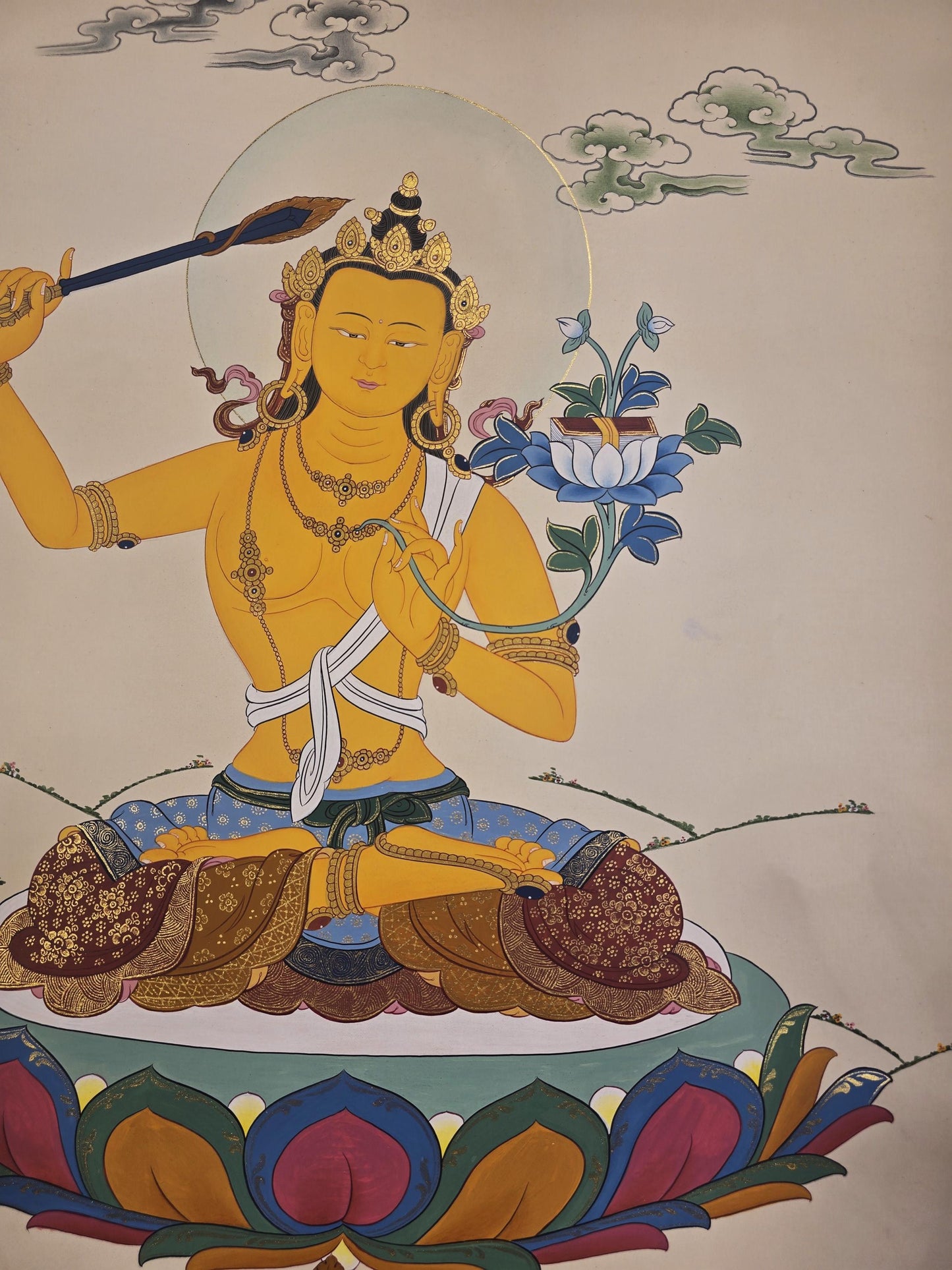 Hand-Painted Manjushri Thangka | Bodhisattva of Wisdom | Karma Gadri Style Tibetan Art
