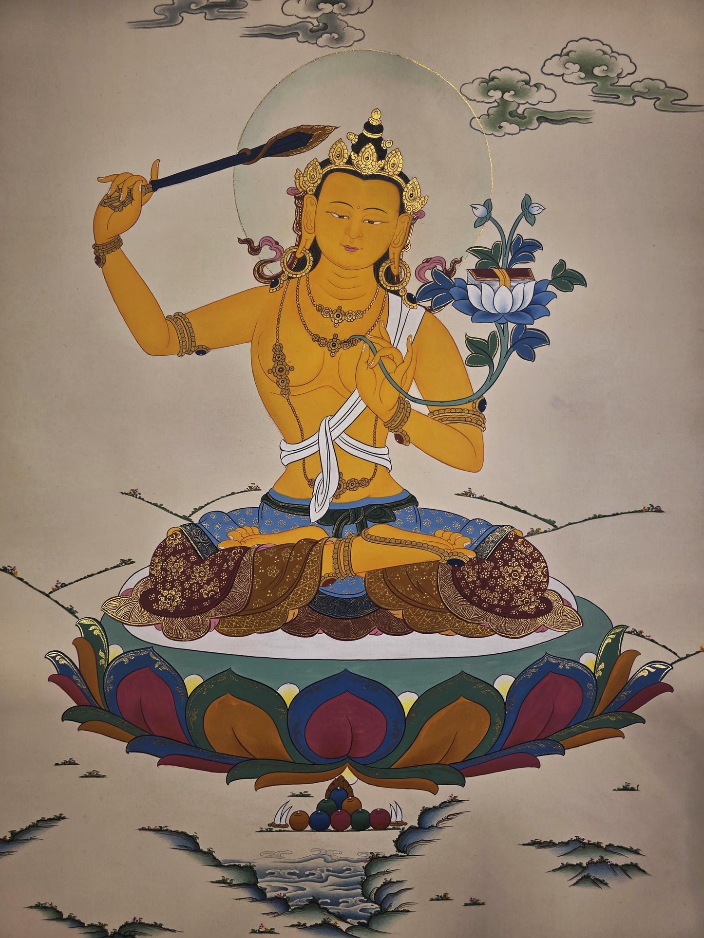 Hand-Painted Manjushri Thangka | Bodhisattva of Wisdom | Karma Gadri Style Tibetan Art