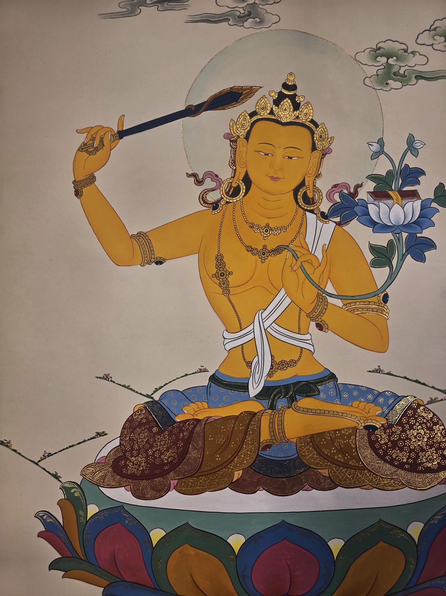 Hand-Painted Manjushri Thangka | Bodhisattva of Wisdom | Karma Gadri Style Tibetan Art
