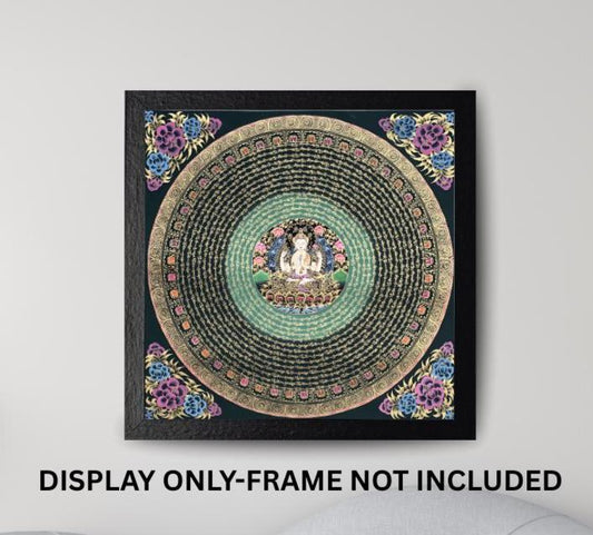 Original Hand-Painted Chenrezig Mantra Mandala with the Diety in Center – Black and Gold Tibetan Thangka