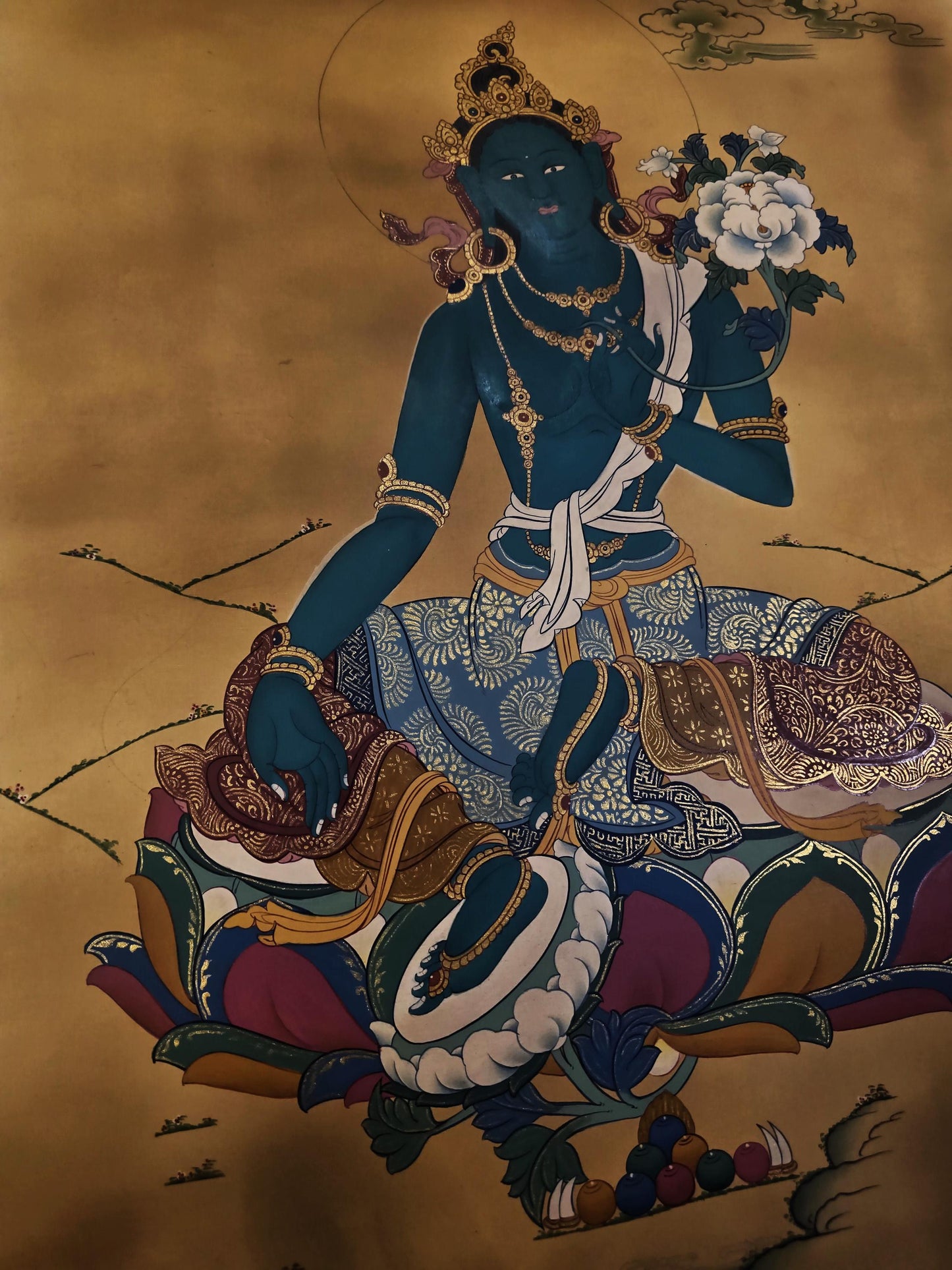 Green Tara Thangka – Karma Gadri Style | Smoky Matte Finish | Hand-Painted Himalayan Buddhist Art