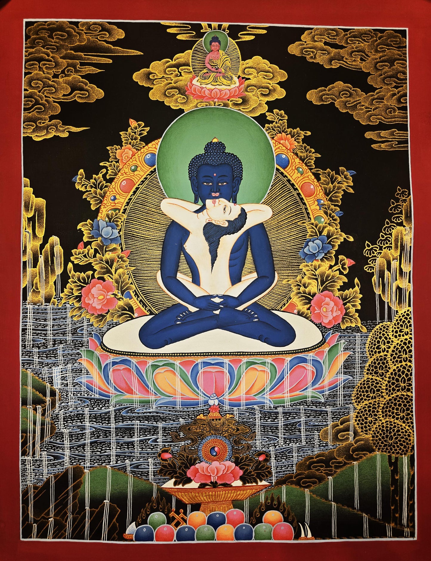 Samantabhadra Yab-Yum Thangka – 24K Gold Hand-Painted Tibetan Art | Primordial Buddha Shakti
