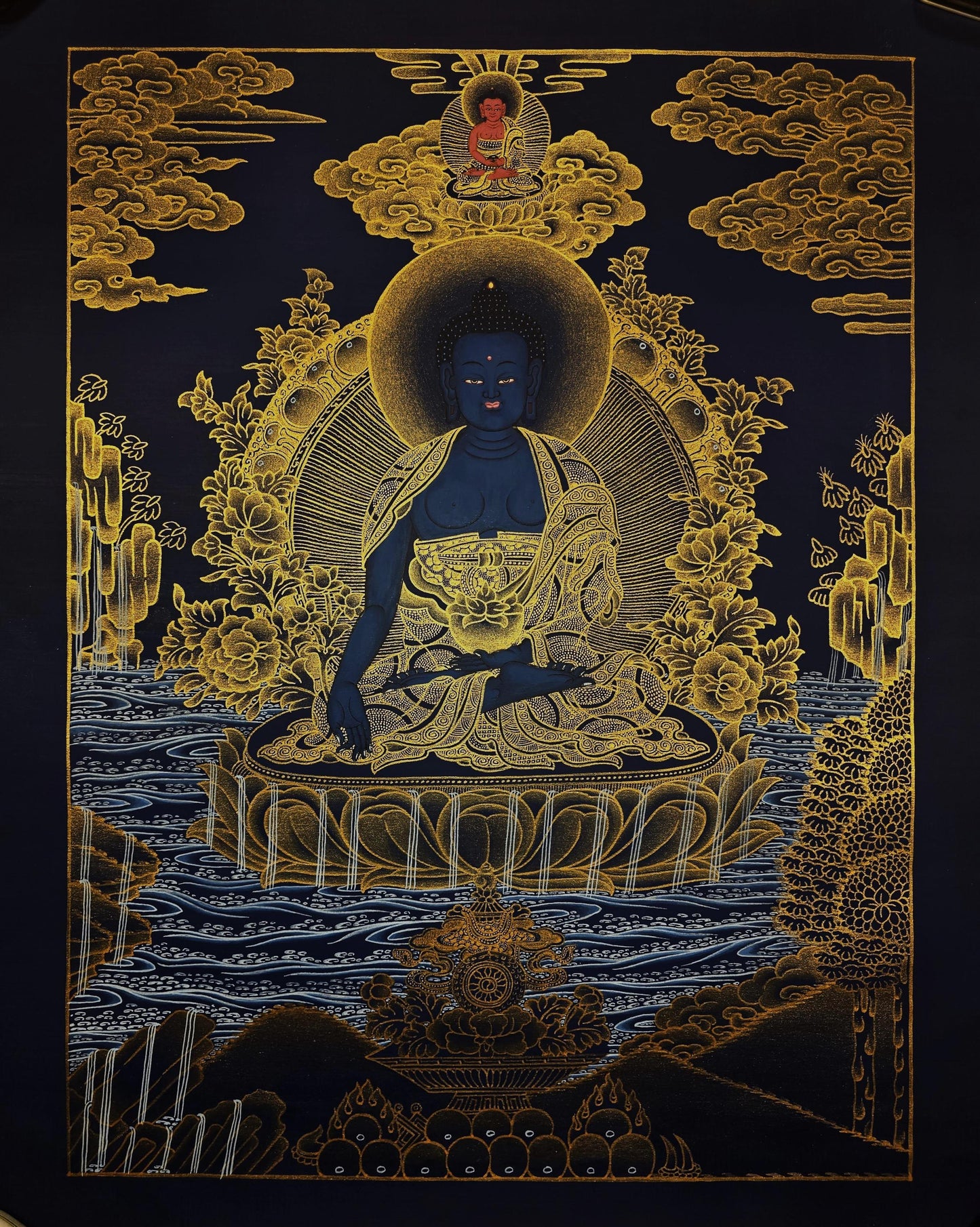 24K Gold Medicine Buddha Thangka Painting, Bhaisajyaguru Healing Art