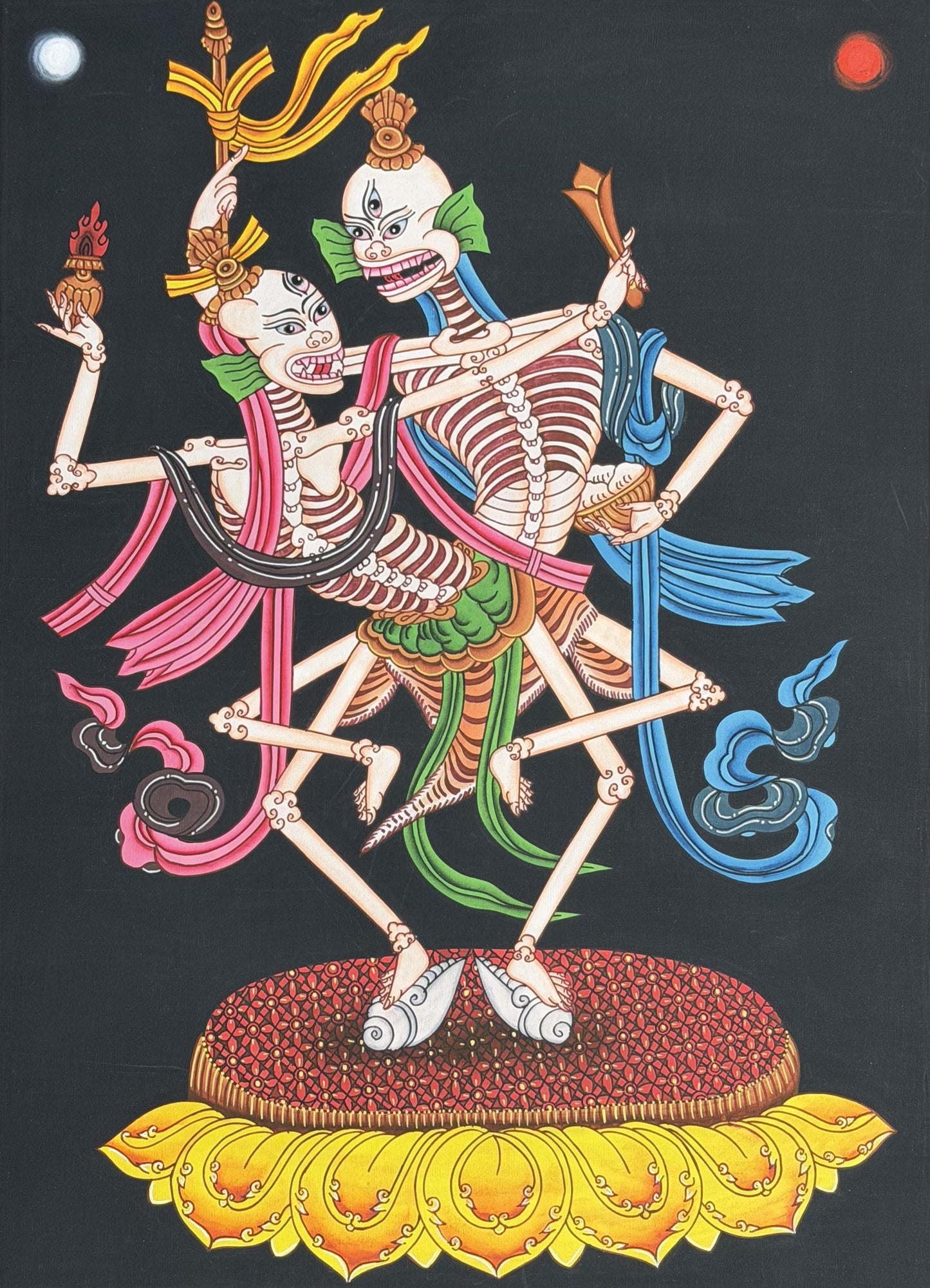 Citipati Thangka – Hand-Painted Dancing Skeleton, Silk Brocade Tibetan Art