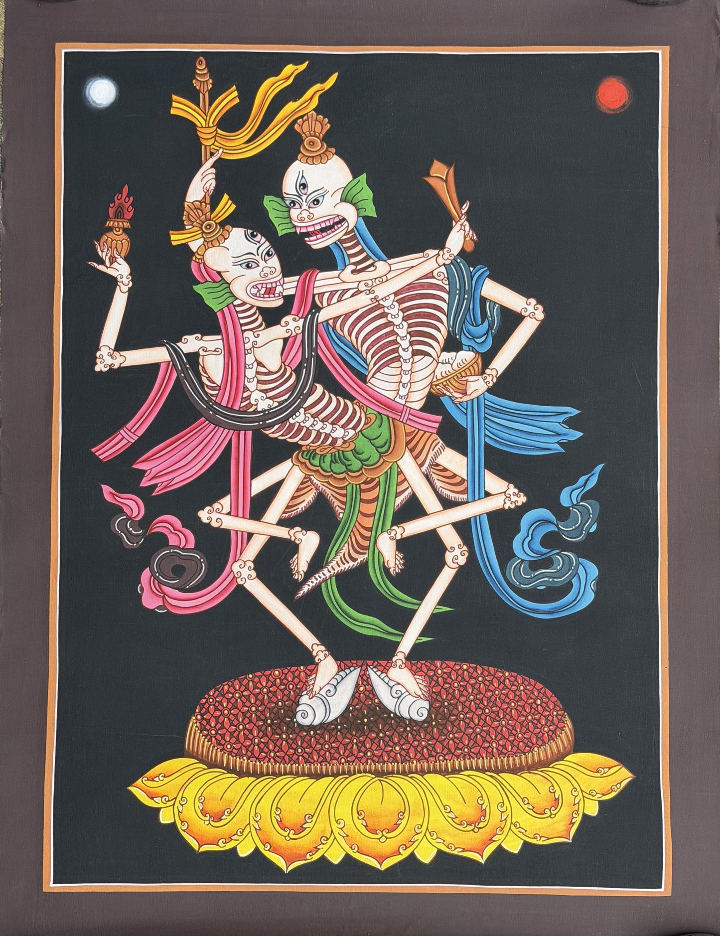 Citipati Thangka – Hand-Painted Dancing Skeleton, Silk Brocade Tibetan Art