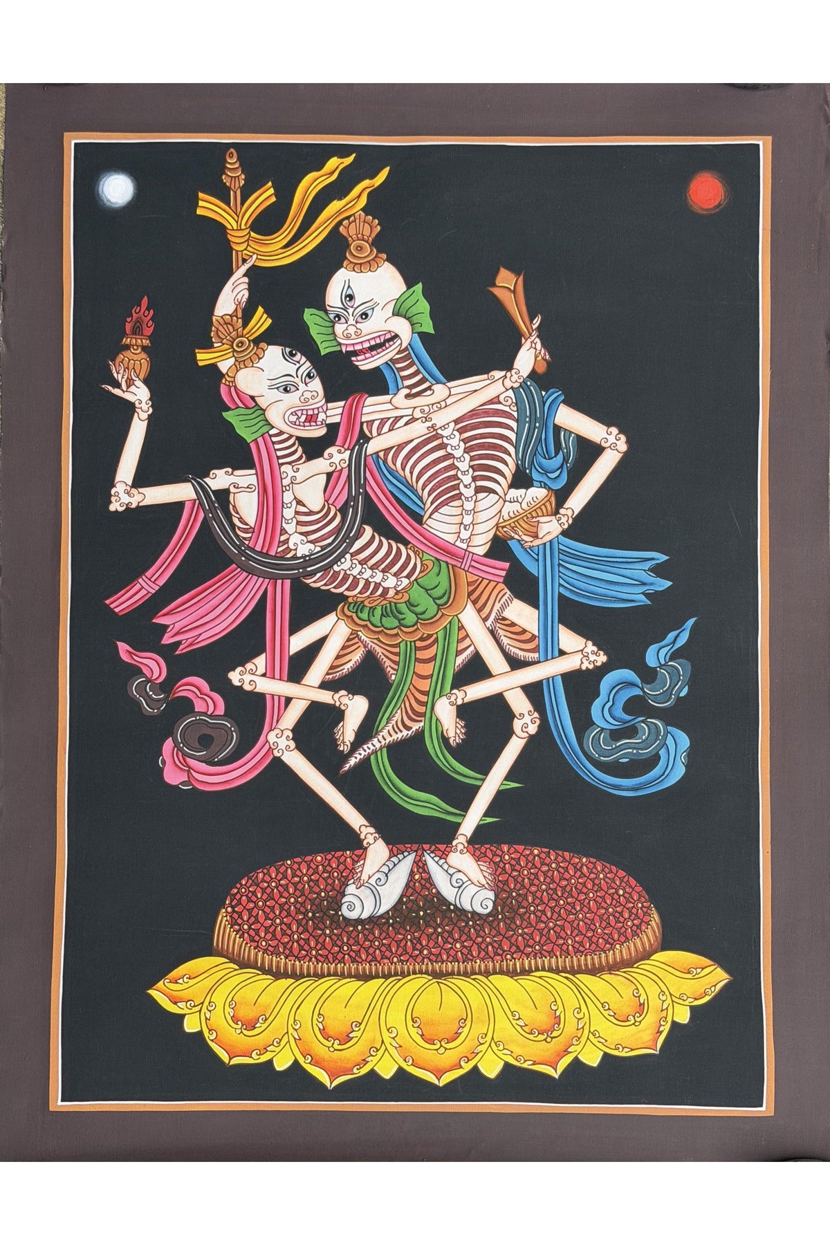 Citipati Dancing Skeletons Thangka | Hand-Painted Tibetan Buddhist Art | Silk Brocade Dharma Protector Wall Hanging