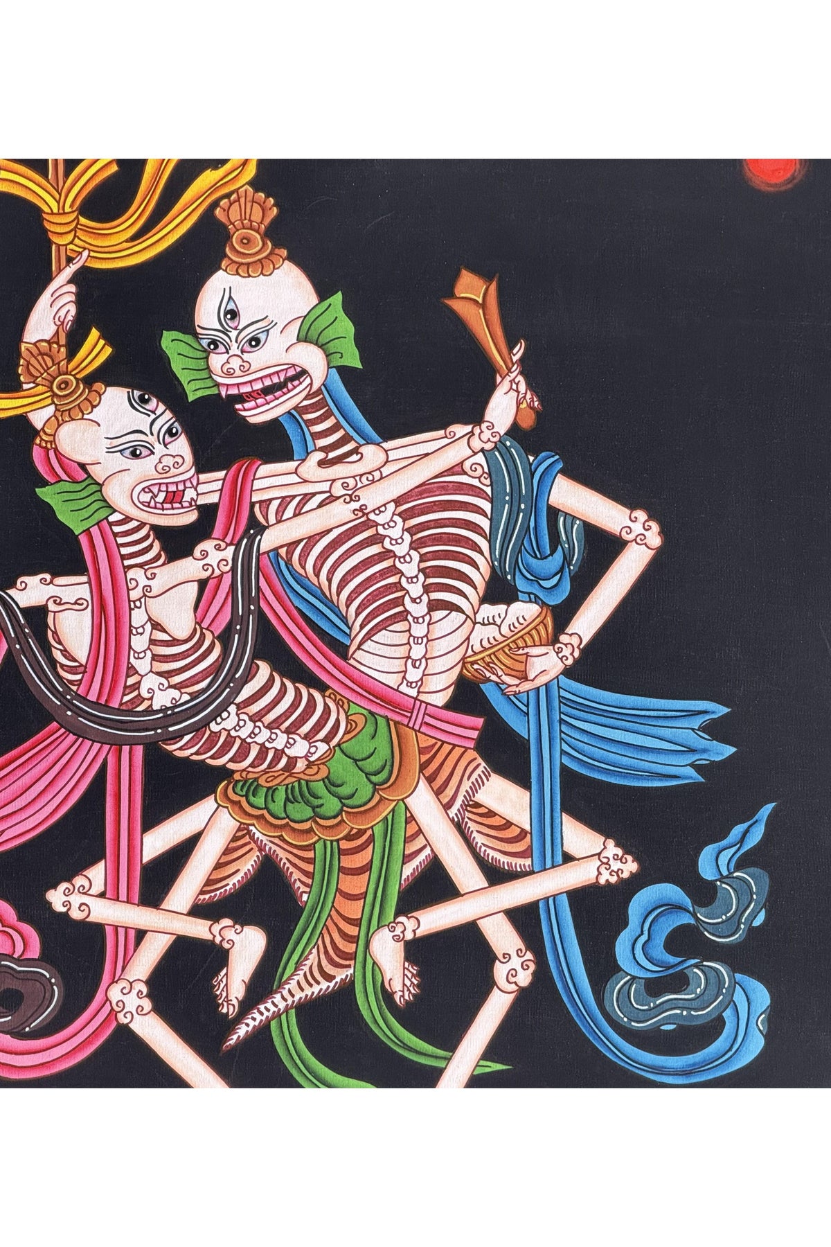 Citipati Dancing Skeletons Thangka | Hand-Painted Tibetan Buddhist Art | Silk Brocade Dharma Protector Wall Hanging
