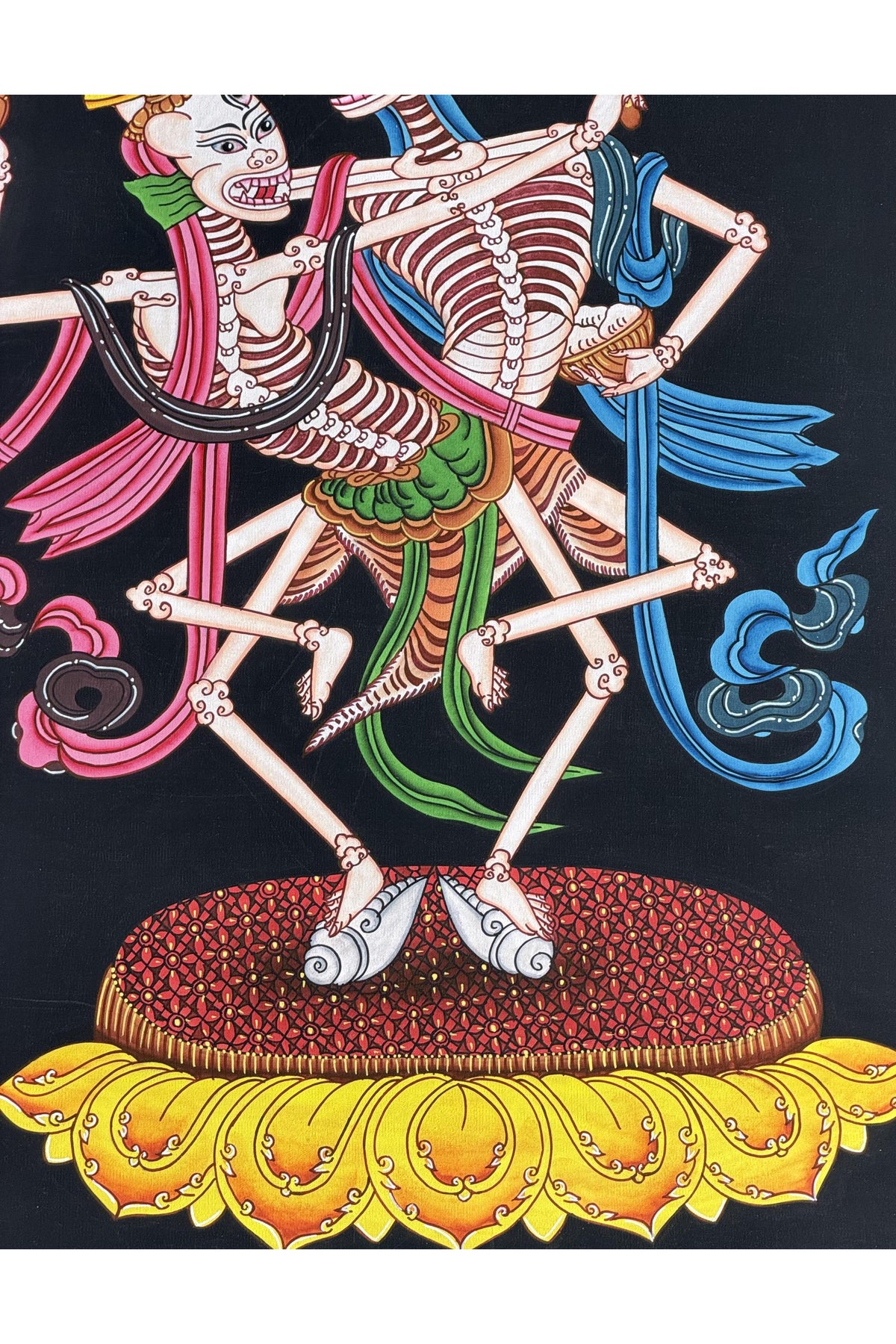 Citipati Dancing Skeletons Thangka | Hand-Painted Tibetan Buddhist Art | Silk Brocade Dharma Protector Wall Hanging