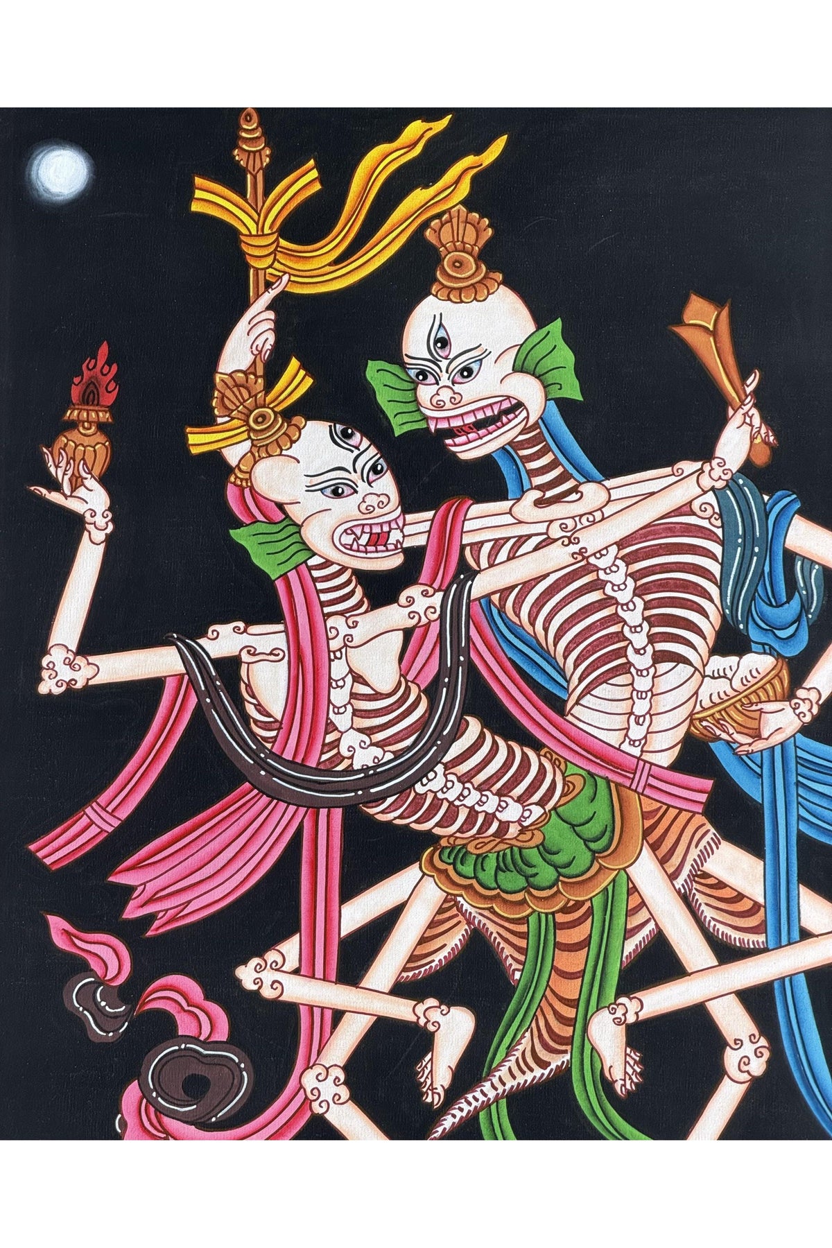 Citipati Dancing Skeletons Thangka | Hand-Painted Tibetan Buddhist Art | Silk Brocade Dharma Protector Wall Hanging