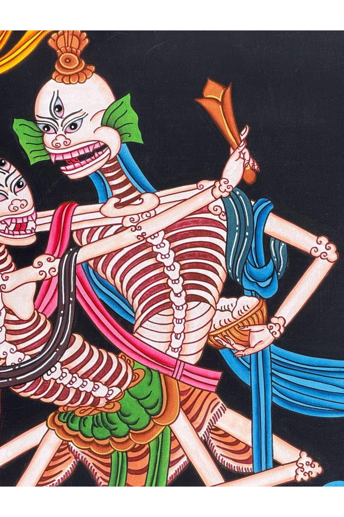 Citipati Dancing Skeletons Thangka | Hand-Painted Tibetan Buddhist Art | Silk Brocade Dharma Protector Wall Hanging
