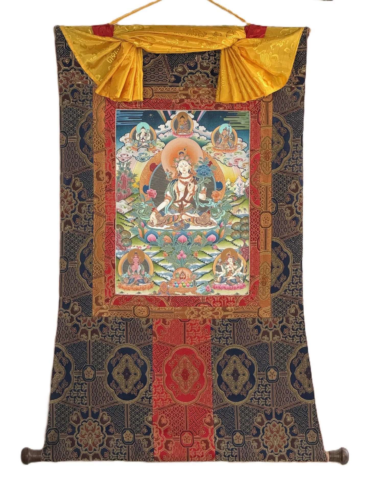 White Tara Thangka 24K Gold – Masterpiece Hand-Painted Tibetan Art with Silk Brocade