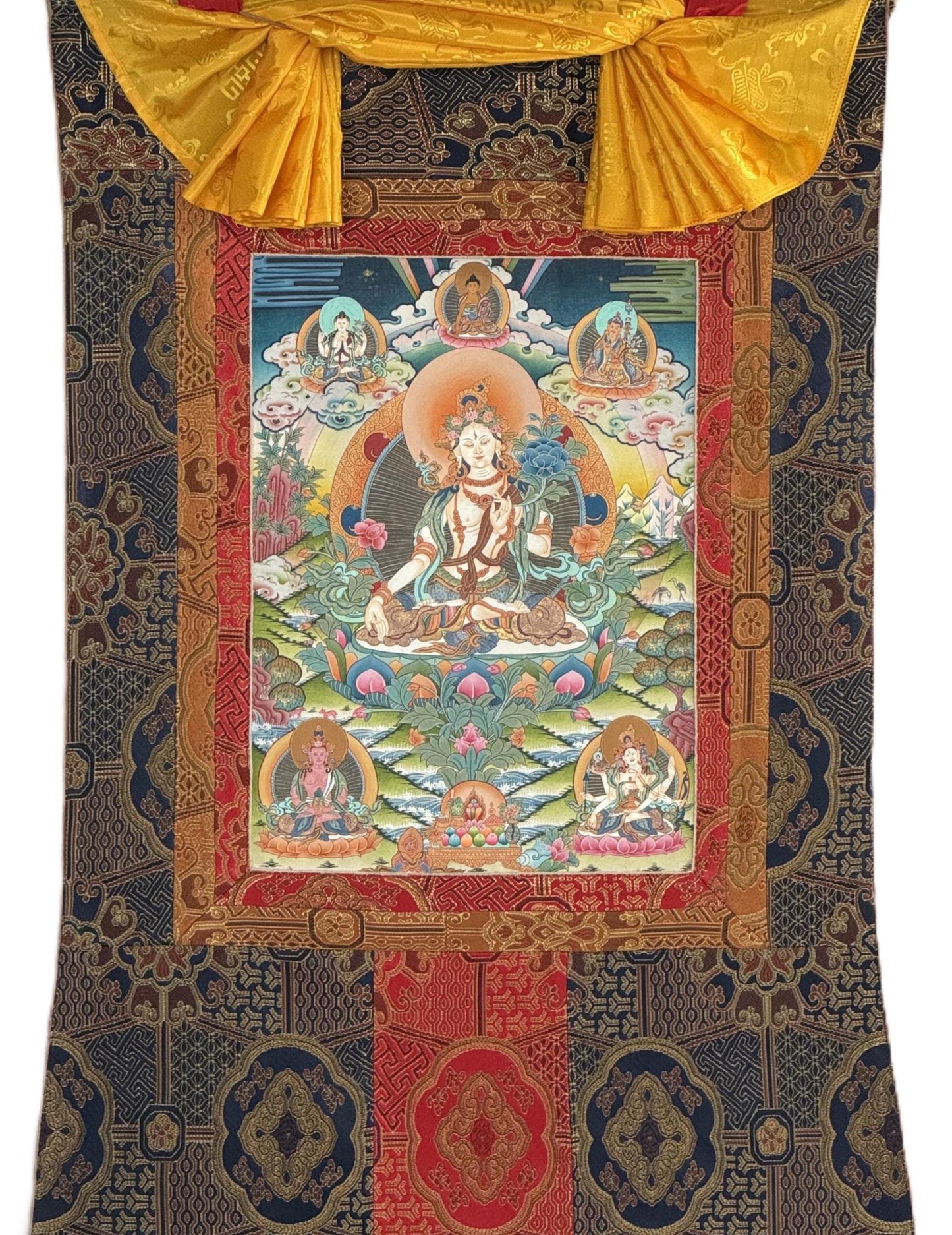 White Tara Thangka 24K Gold – Masterpiece Hand-Painted Tibetan Art with Silk Brocade