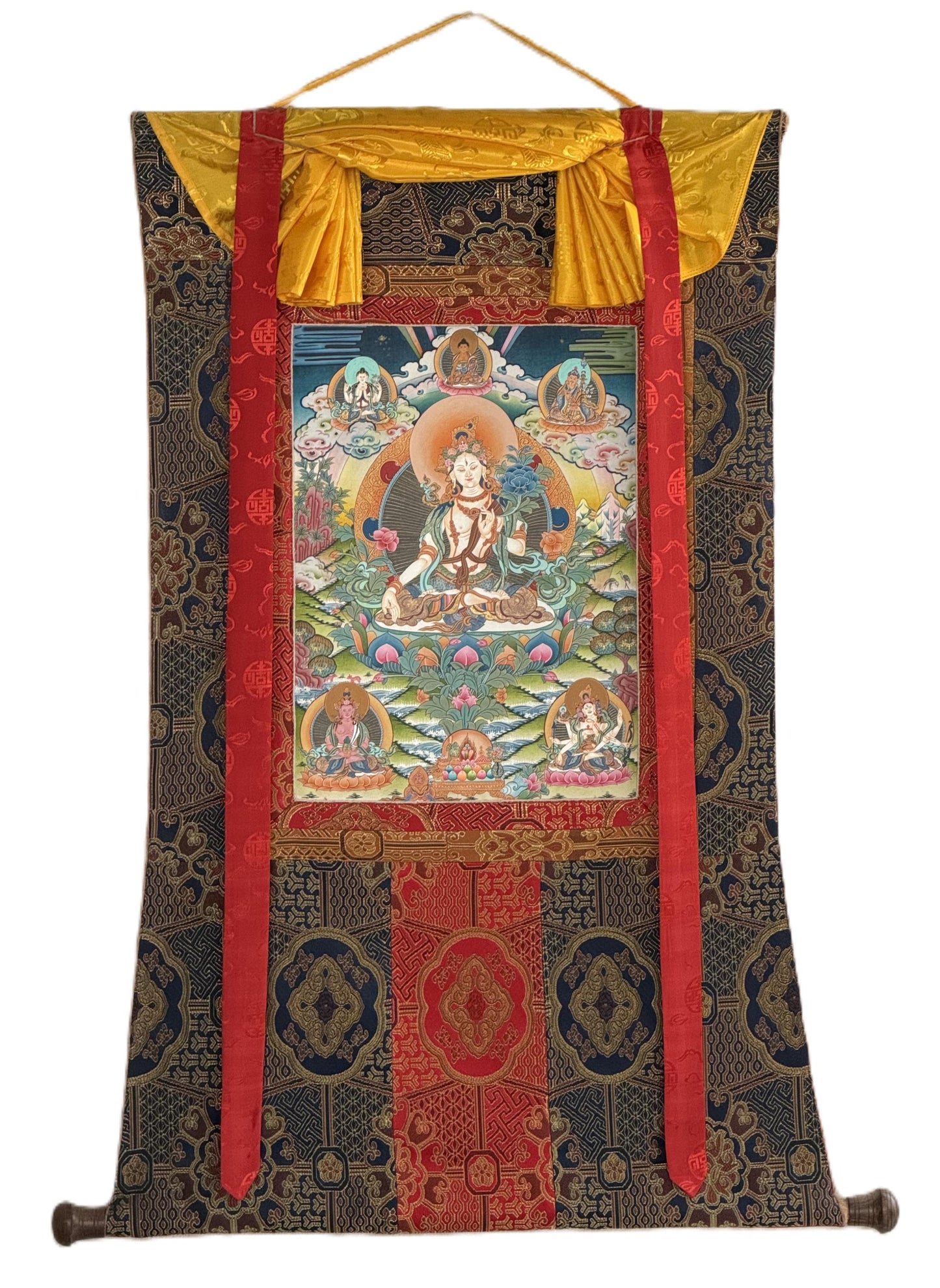 White Tara Thangka 24K Gold – Masterpiece Hand-Painted Tibetan Art with Silk Brocade