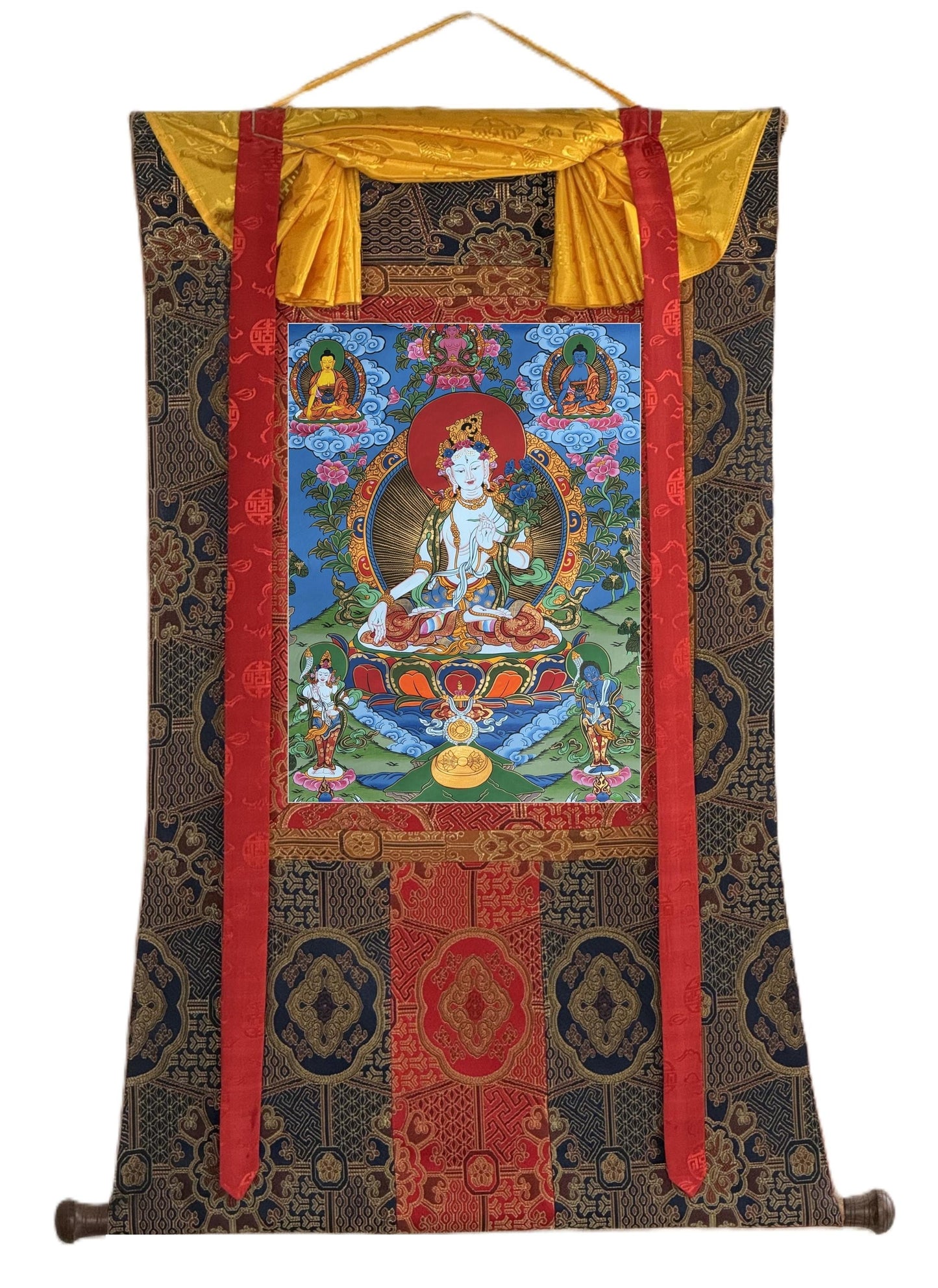 White Tara Thangka – Masterpiece Hand-Painted Tibetan Art with Silk Brocade | Sacred Buddhist Painting